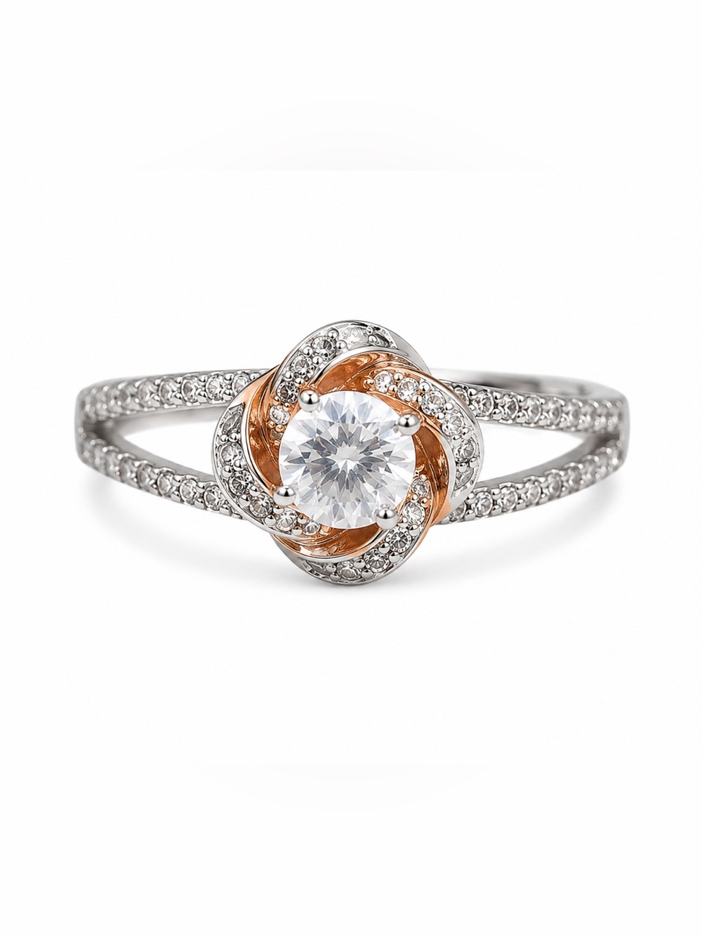 Sterling Silver 925 CZ Ring Floral Swirl Two Tone Round Solitaire Size 7